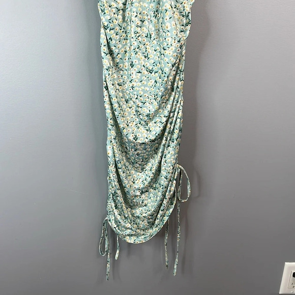 SHEIN Ditsy Floral Ruched Dress Light Teal Cutout Drawstrings Tied Spaghetti S - Picture 6 of 15